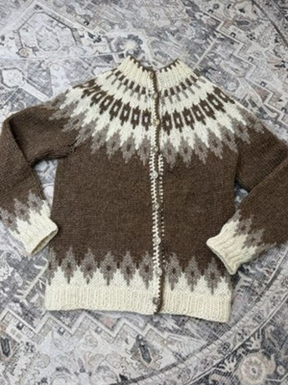 Vintage Hand Knitted Icelandic Lopi Wool Sweater Cardigan Nordic Buttons Sz S/M